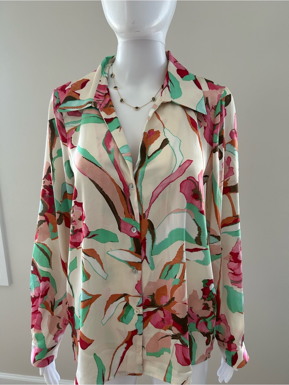 Zara Cream Button-Down Blouse with Pink, Mint & Brown Floral Motif